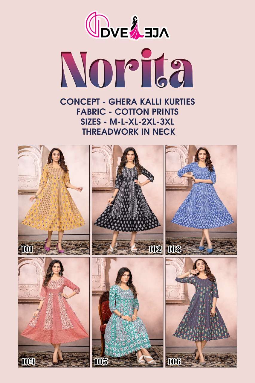 dveeja fashion norita 101-106 series ghera kurtis with kalli pattern catalogue collection 