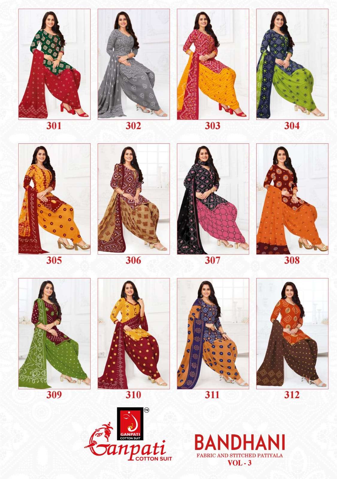 ganpati cotton suit bandhani vol 3 301-312 series patiyala salwar kameez 