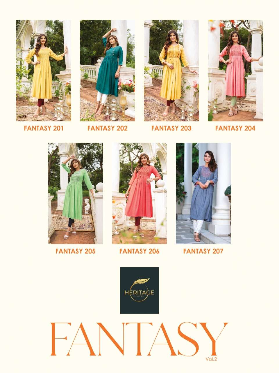 heritage collection fantasy vol-2 201-207 series stylish designer kurti catalogue manufacturer surat 