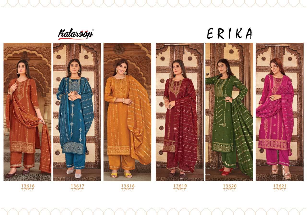 kalaroop by erika 13616-13621 designer readymade jequard fabric suits wholesale manufacturer surat 