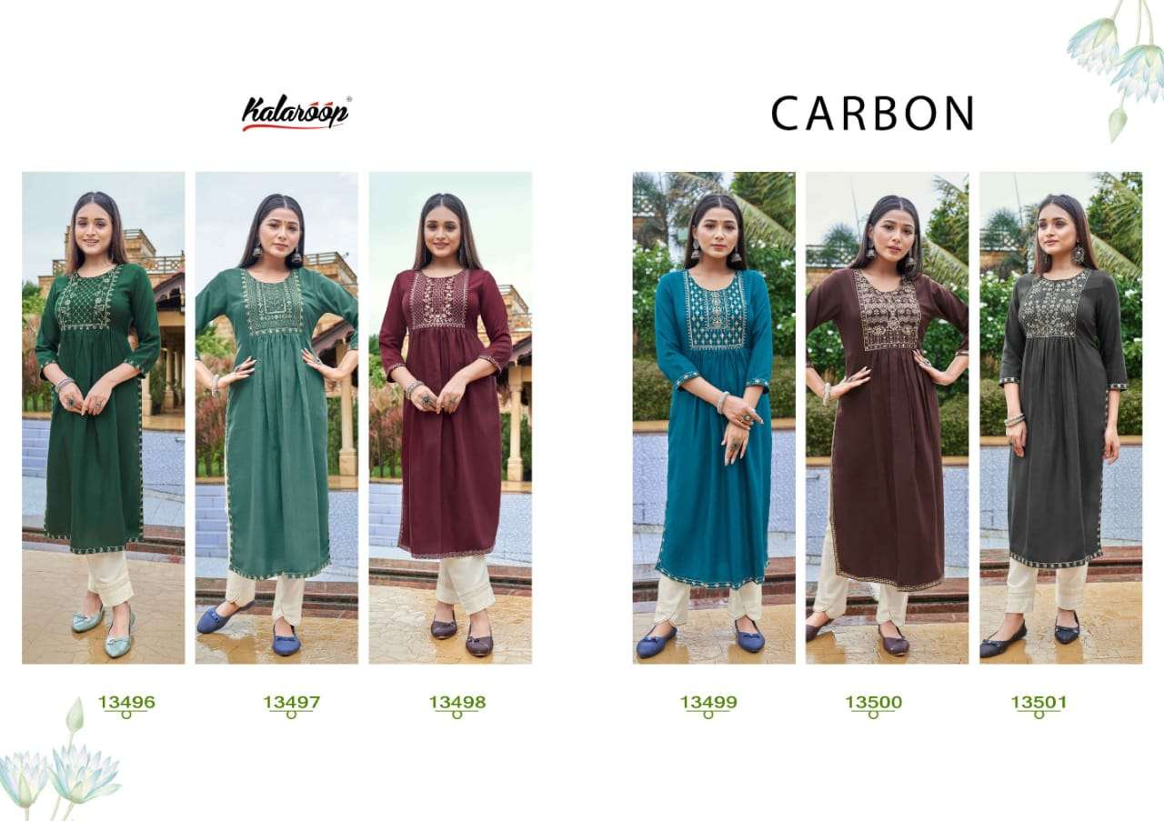 kalaroop carbon 13496-13501 series fancy rayon silk fabric with embroidered work kurti catalogue 