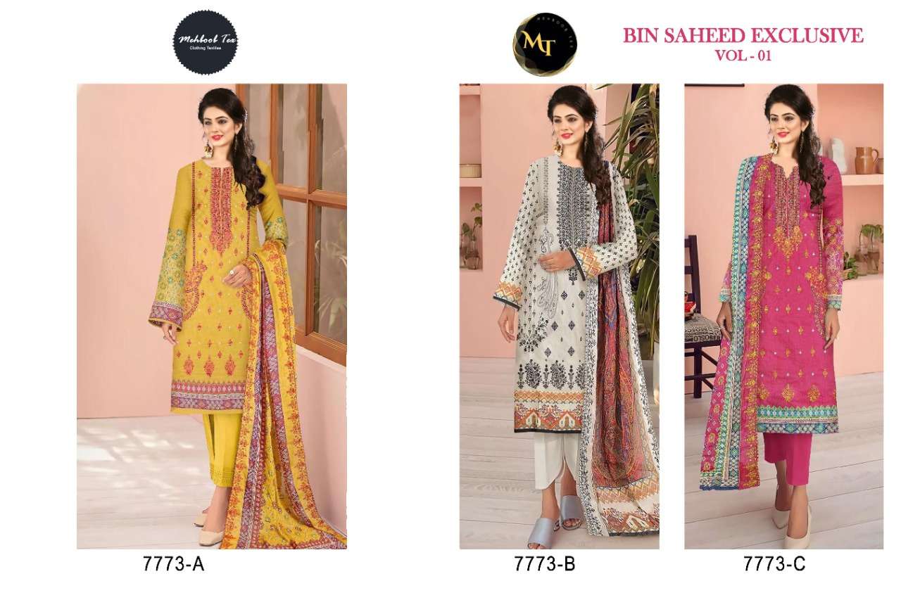 mehboob tex bin saheed exclusive vol-1 7773 series unstitched designer pakistani salwar kameez online suppplier surat