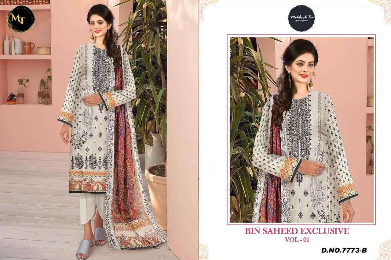 mehboob tex bin saheed exclusive vol-1 7773 series unstitched designer pakistani salwar kameez online suppplier surat