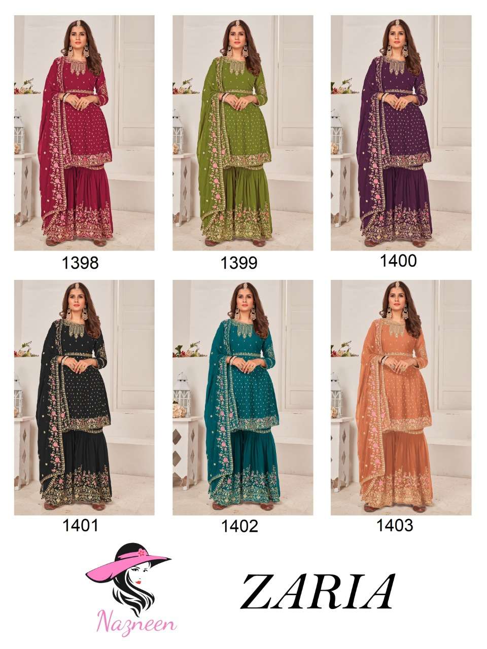 nazneen zaria 1398-1403 series party wear designer salwar suits catalogue collection 2022 