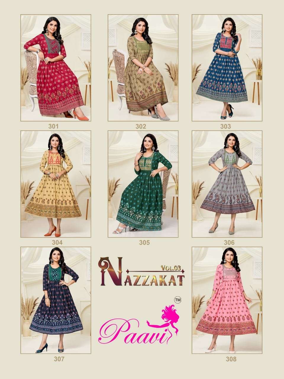 paavi nazzakat vol-3 301-308 series flare style designer kurti catalogue wholesaler surat 