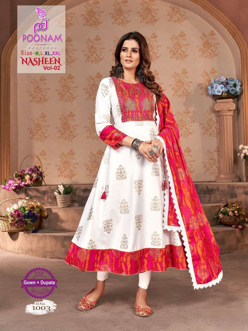 poonam designer nasheen vol 2 1001-1004 series full printed gown with dupatta catalogue new collection 
