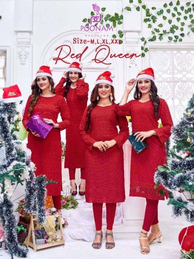 poonam designer red queen 1001-1006 series fancy kurti catalogue manufacturer surat 