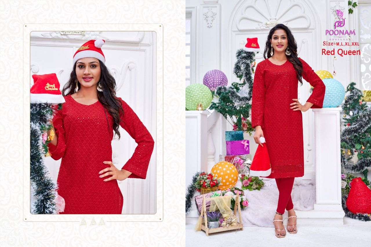 poonam designer red queen 1001-1006 series fancy kurti catalogue manufacturer surat 