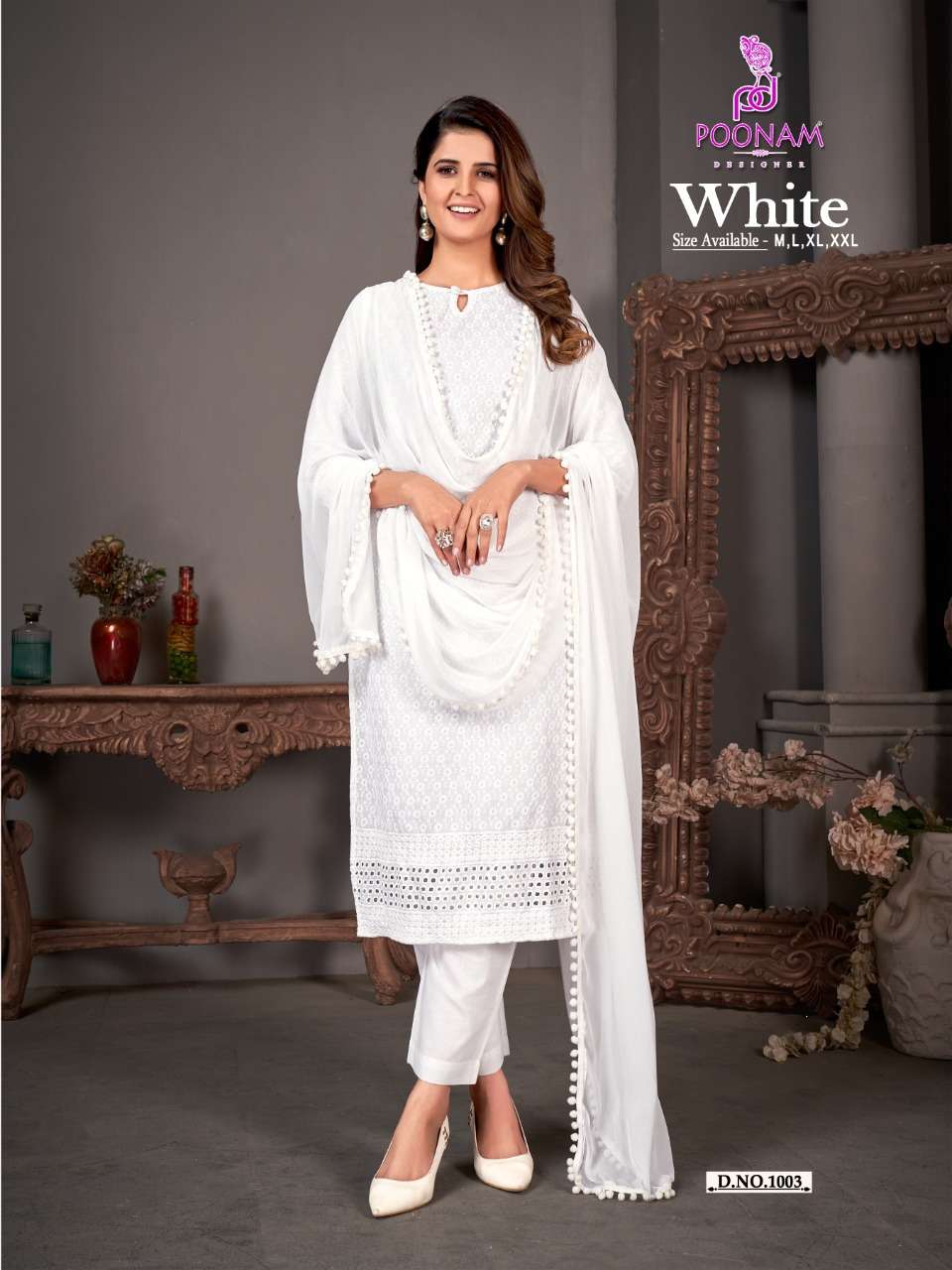 poonam designer white 1001-1006 series exclusive designer kurti pant with dupatta catalogue 
