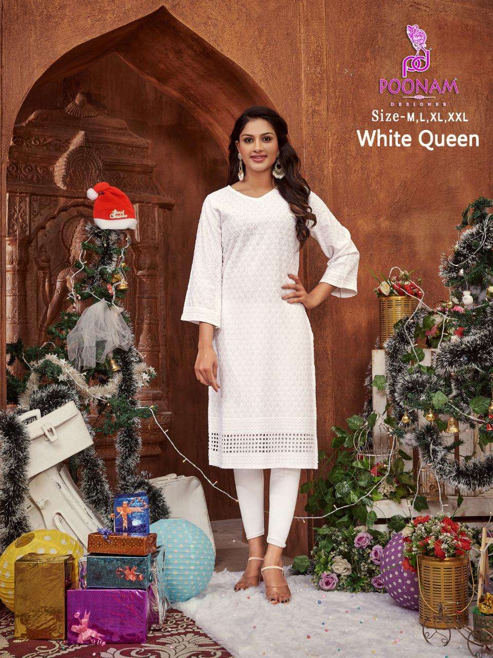 poonam designer white queen 1001-1006 series rayon chickan work kurtis collection wholesale price surat