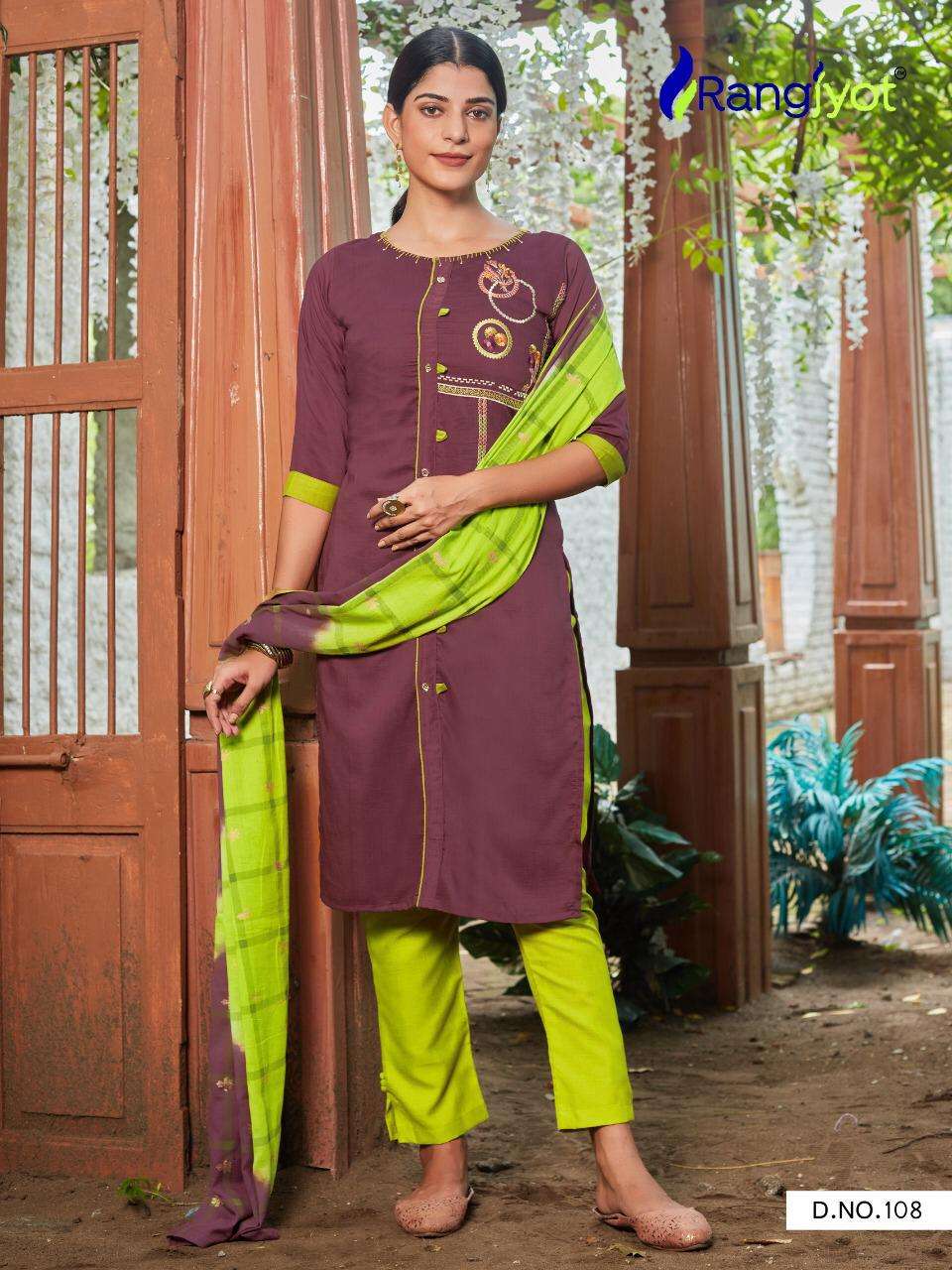 rangjyot chitra vol 1 101-108 series traditional look designer kurti catalogue manufacturer surat