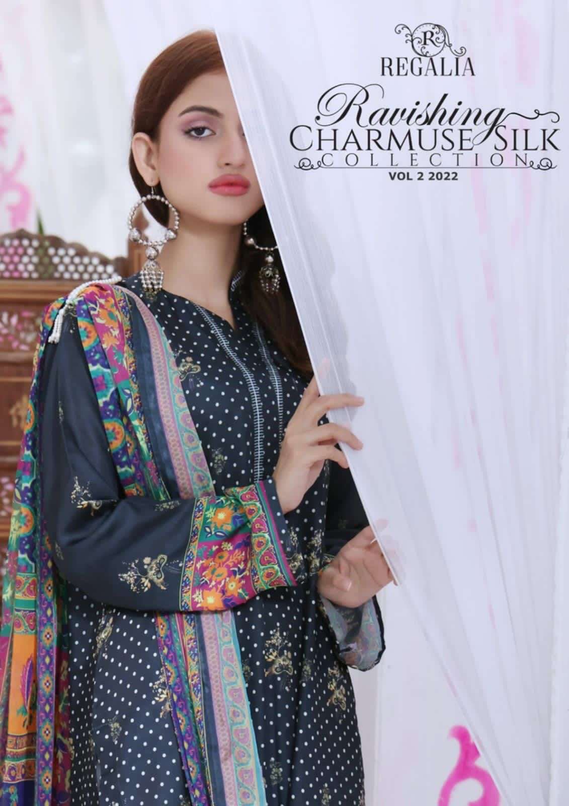 regalia ravishing charmuse silk vol-2 digital printed pakistani salwar kameez wholesaler surat 