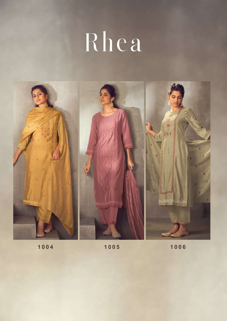 rhea by 7pearls 1001-1006 series roman silk fancy kurtis bottom with viscose dupatta set surat