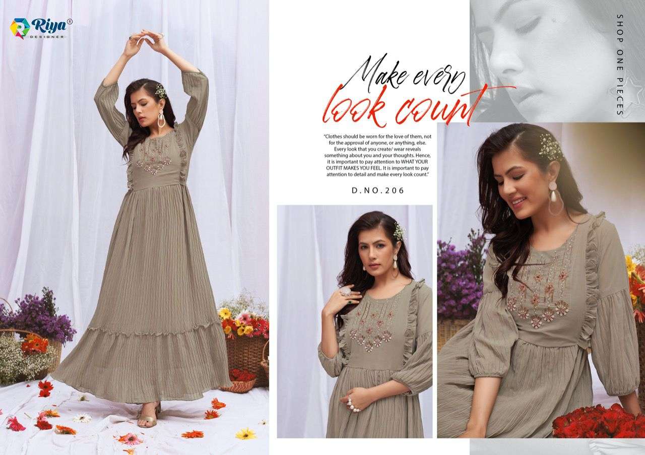 riya designer artery vol-2 201-206 series fancy designer long kurti style pattern online surat 
