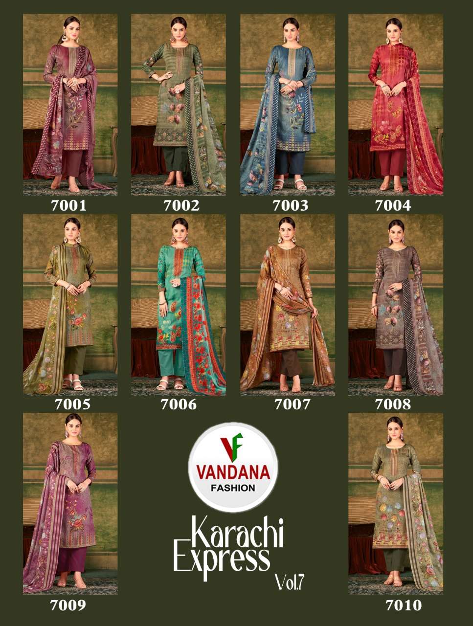 vandana fashion karachi express vol-7 7001-7010 series foil work designer salwar kameez wholesaler surat 