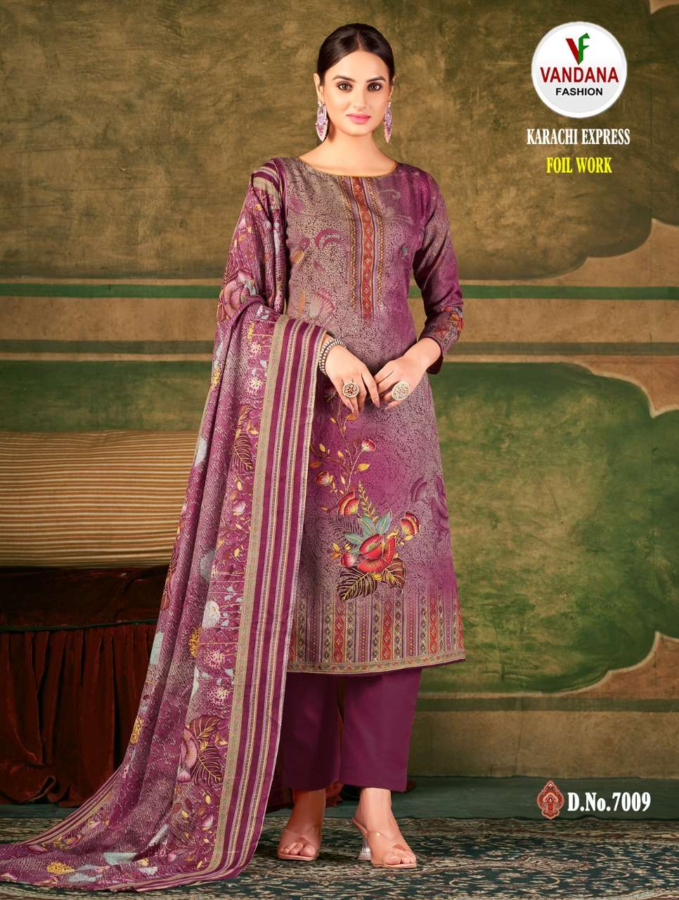 vandana fashion karachi express vol-7 7001-7010 series foil work designer salwar kameez wholesaler surat 