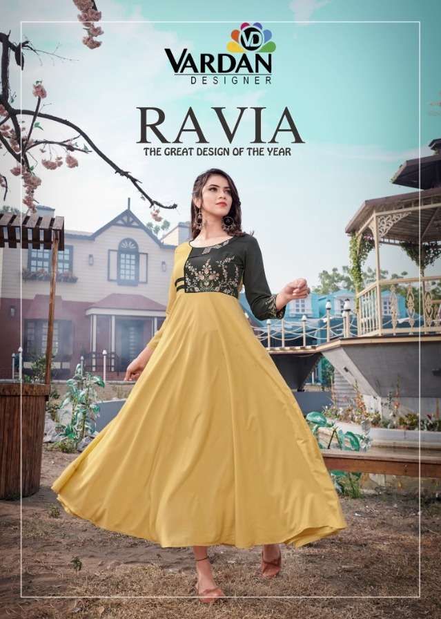 vardan designer ravia vol-1 6041-6044 series trendy designer long kurti new catalogue