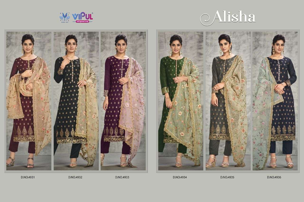 vipul fashion alisha 4931-4936 series silk jaqaurd designer embroidered salwar kameez surat