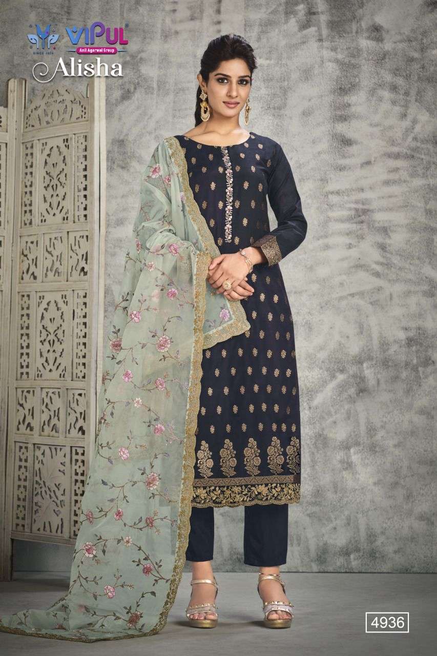 vipul fashion alisha 4931-4936 series silk jaqaurd designer embroidered salwar kameez surat
