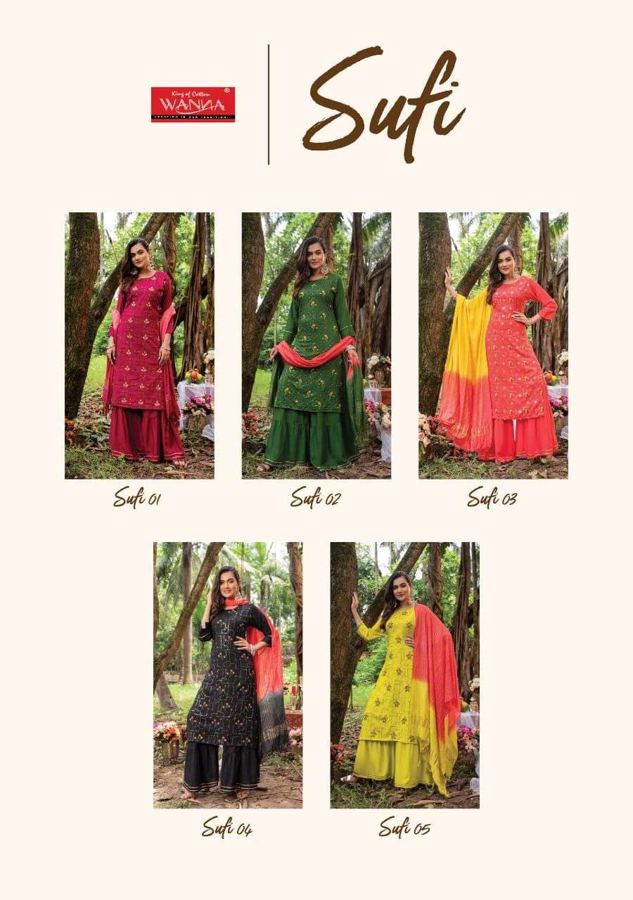 wanna sufi 01-05 series pure rayon designer kurtis with sharara dupatta set wholesale price surat