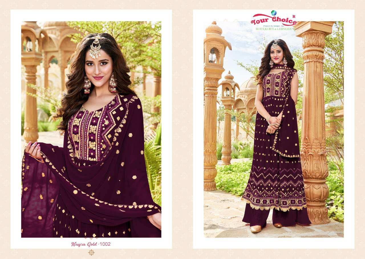 your choice nayra gold 1001-1006 series blooming georgette designer party wear salwar suits catalogue new collection 