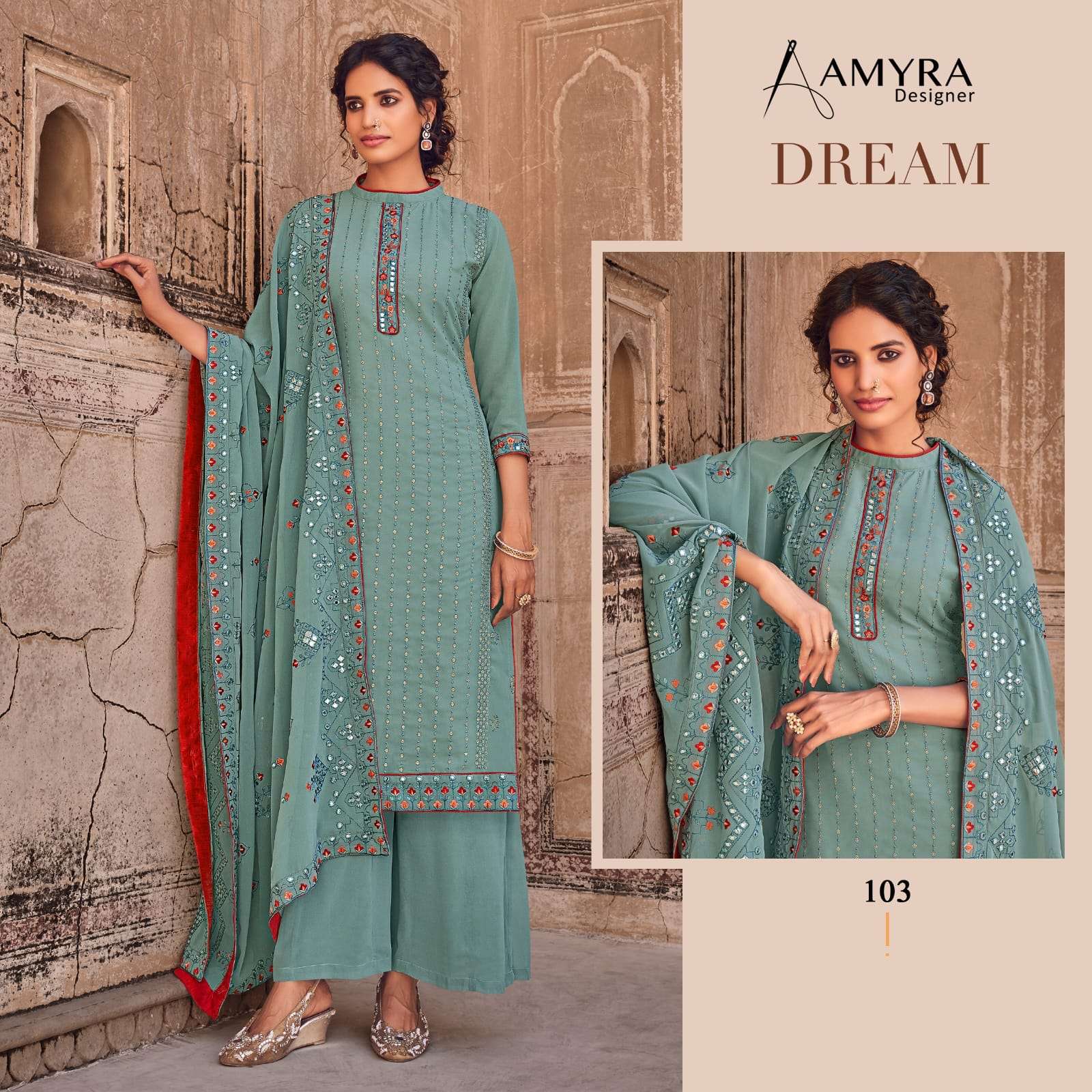 aamyra designer dream 101-104 series heavy georgette with exclusive embroidery work salwar suits wholesaler surat
