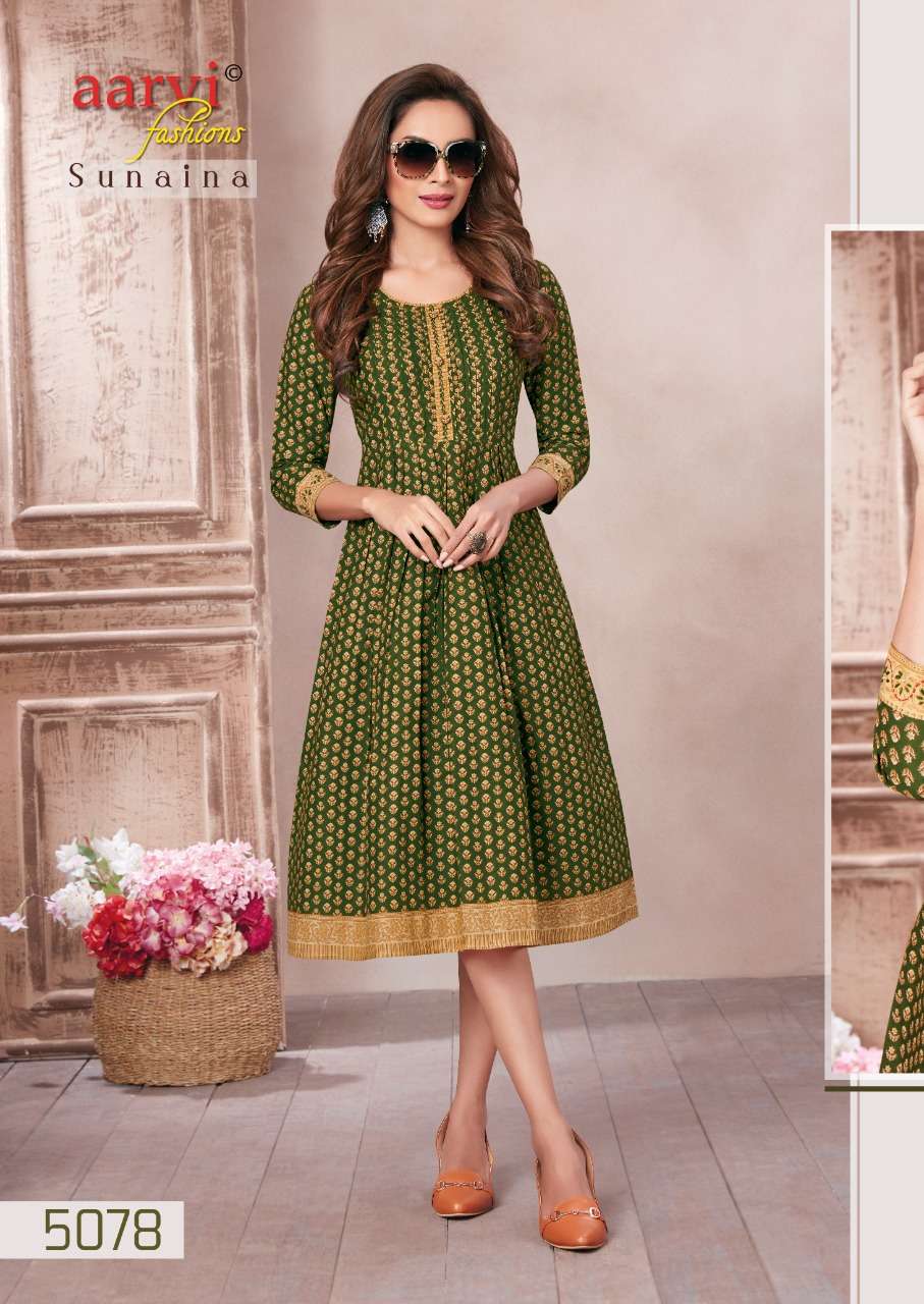 aarvi fashion sunaina vol-1 5075-5079 series fancy designer kurtis catalogue online dealer surat 