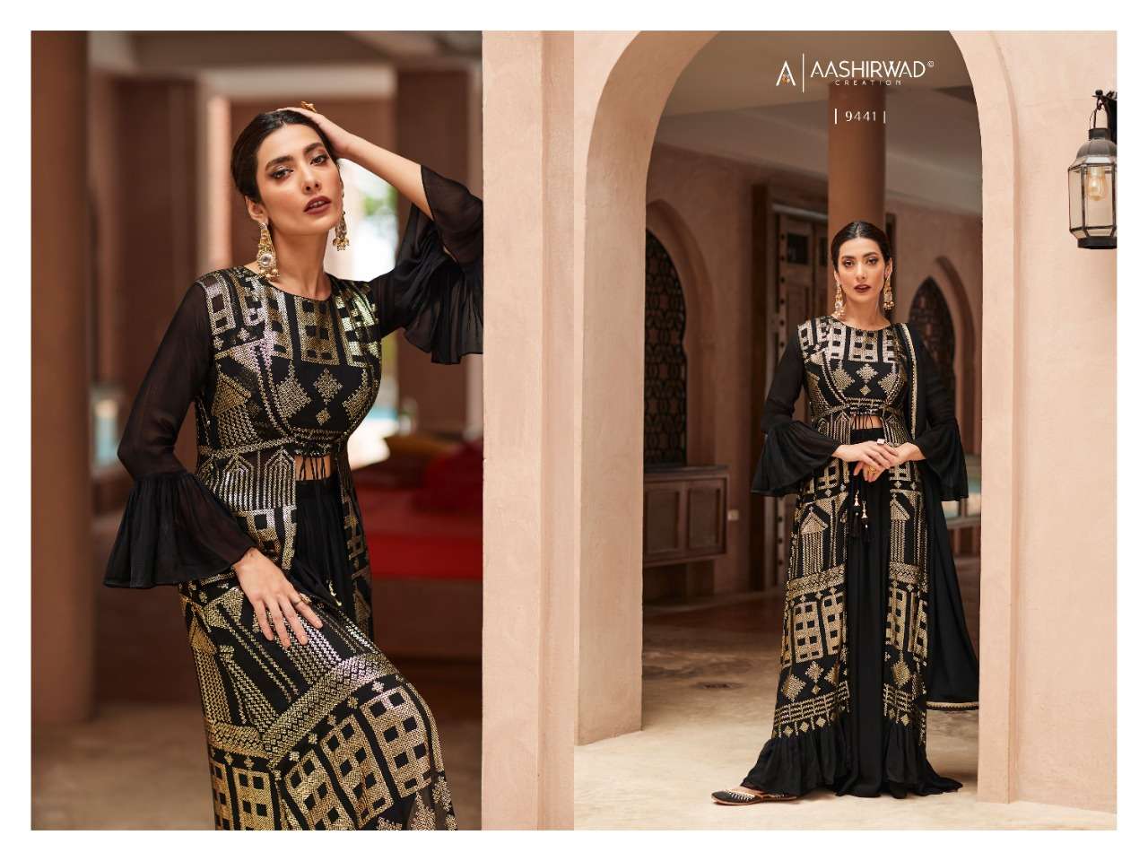aashirwad creation zara 9438-9441 series stylish designer latest party wear dress collection