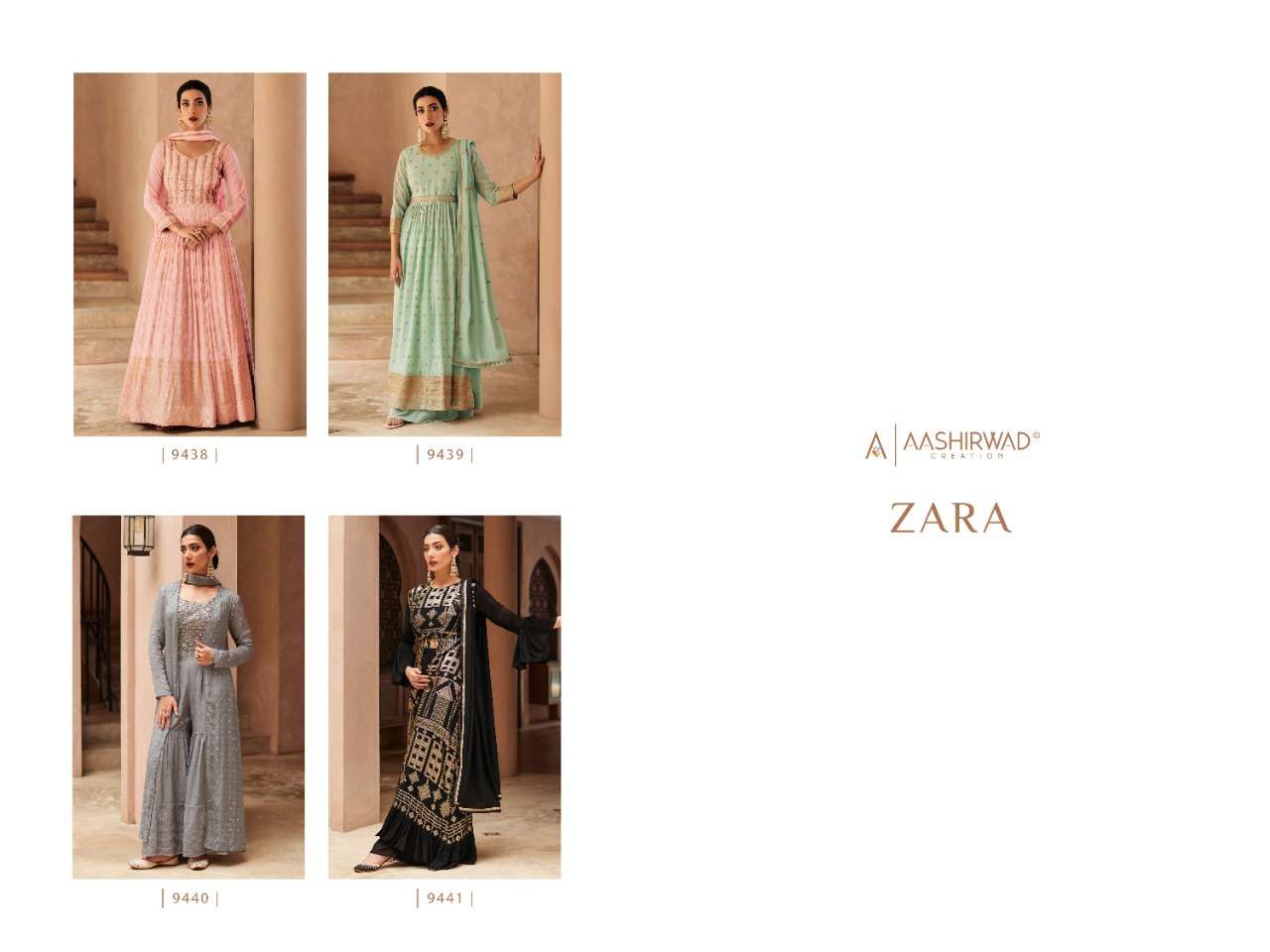 aashirwad creation zara 9438-9441 series stylish designer latest party wear dress collection