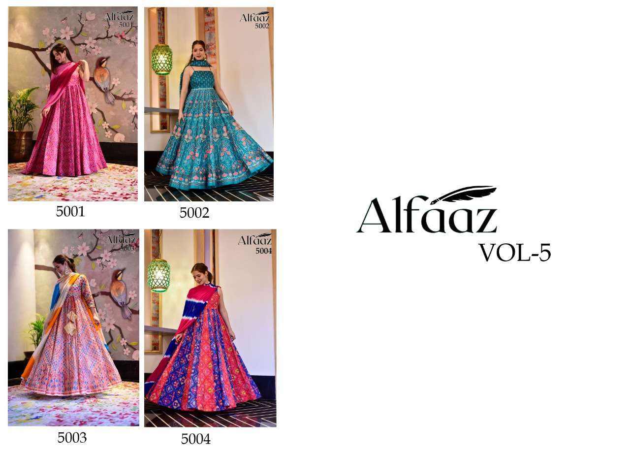 alfaaz alfaaz vol-5 5001-5004 series stylish look designer gown catalogue wholesale price surat 