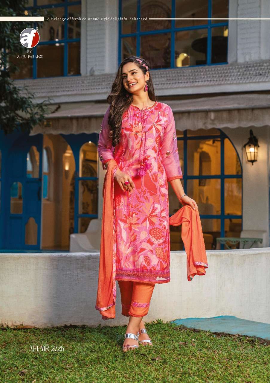anju fabrics affair 2721-2726 series fancy designer top bottom with dupatta catalogue manufacturer surat 