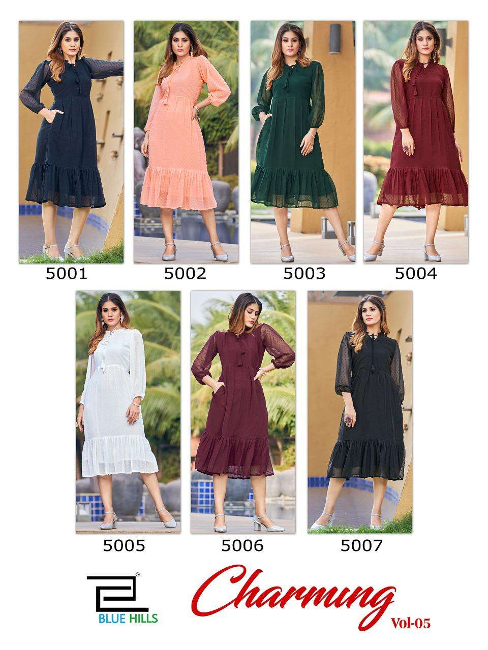 bluehills charming vol-5 5001-5007 series trendy designer tunic style kurtis manufacturer surat