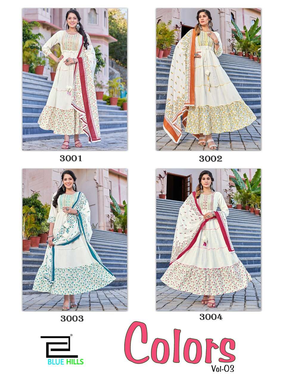 bluehills colors vol-3 3001-3004 series fancy designer long kurtis catalogue wholesale price surat 
