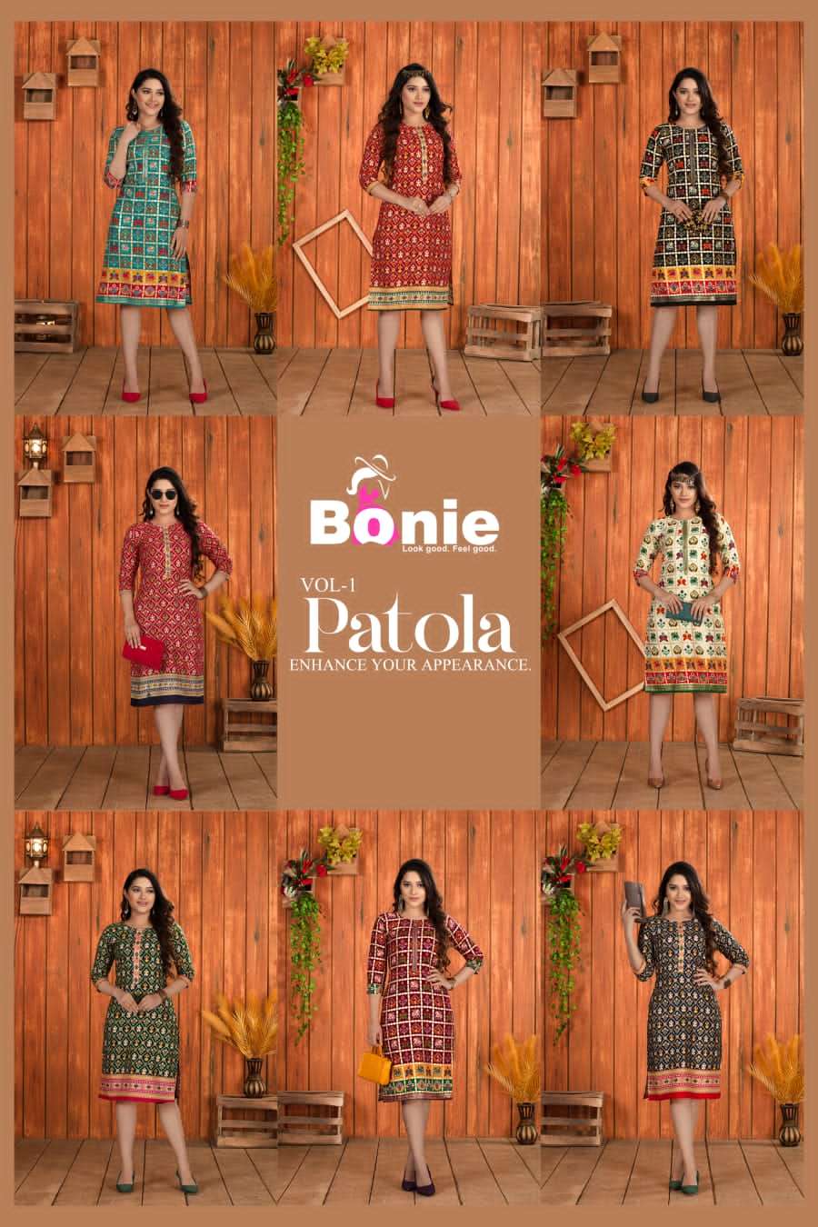 bonie patola vol-1 trendy designer kurtis catalogue manufacturer surat 