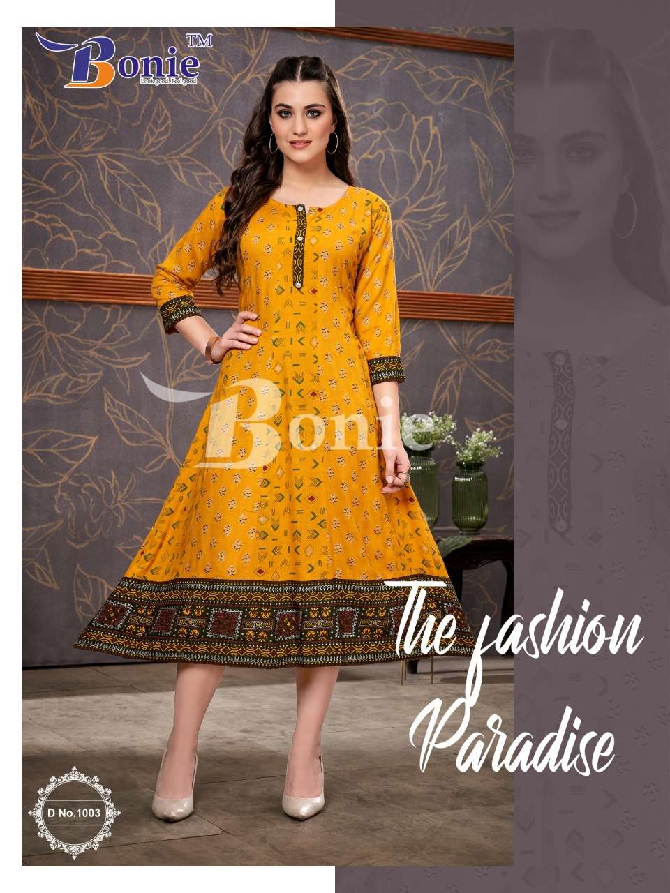 bonie suhana 1001-1006 series flare style trendy kurtis catalogue online supplier surat 