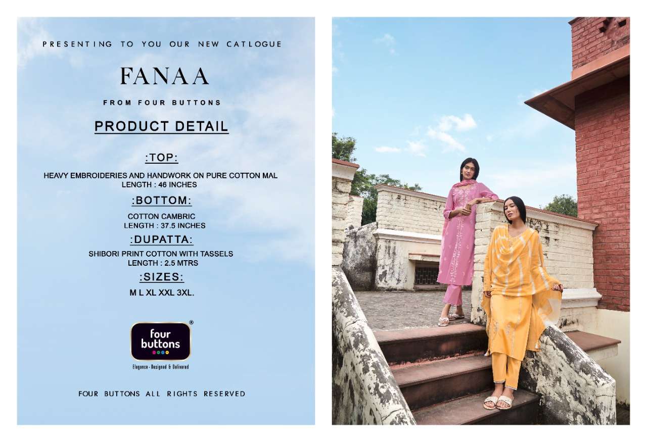 four buttons fanaa 3041-3046 series exclusive designer kurti catalogue manufacturer surat 