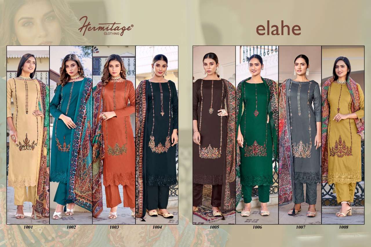 hermitage clothing elahe 1001-1008 series stylish designer salwar kameez wholesale price surat