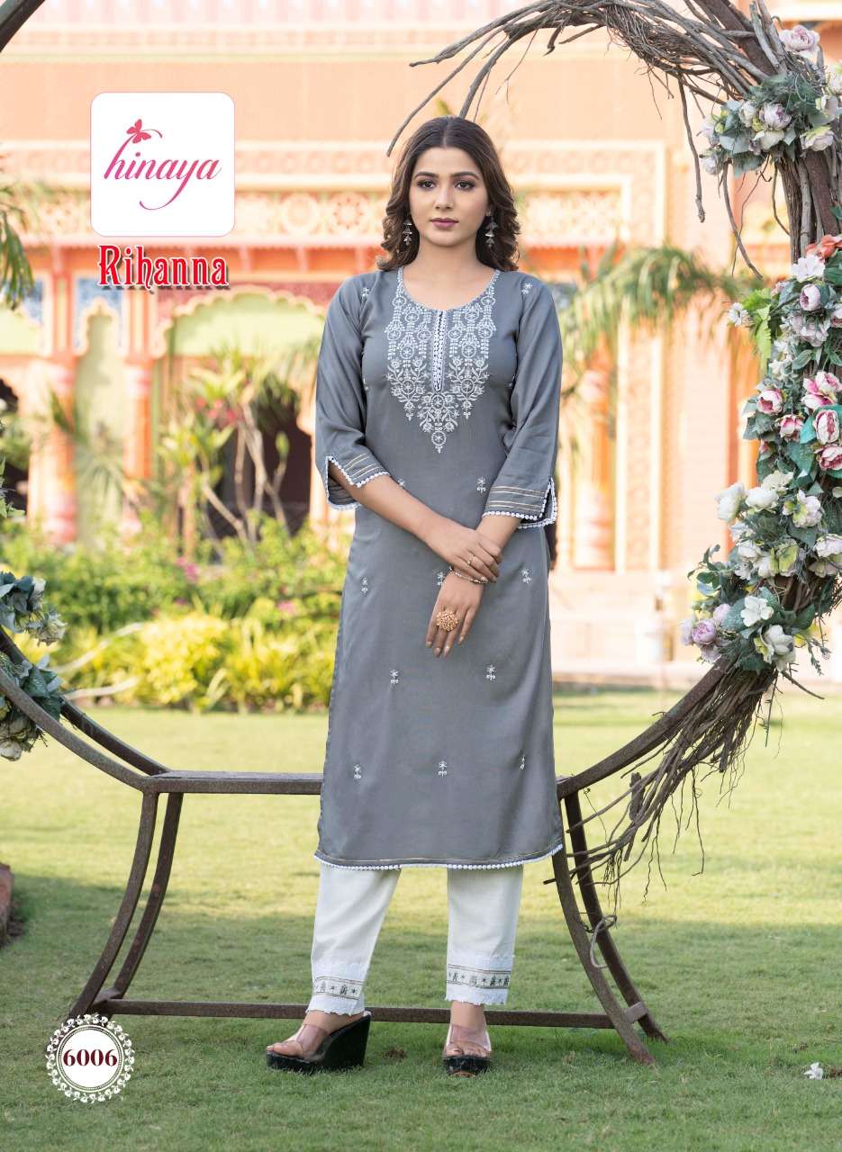 hinaya rihanna vol-6 6001-6006 series designer kurti pant with work style catalogue exporter surat 