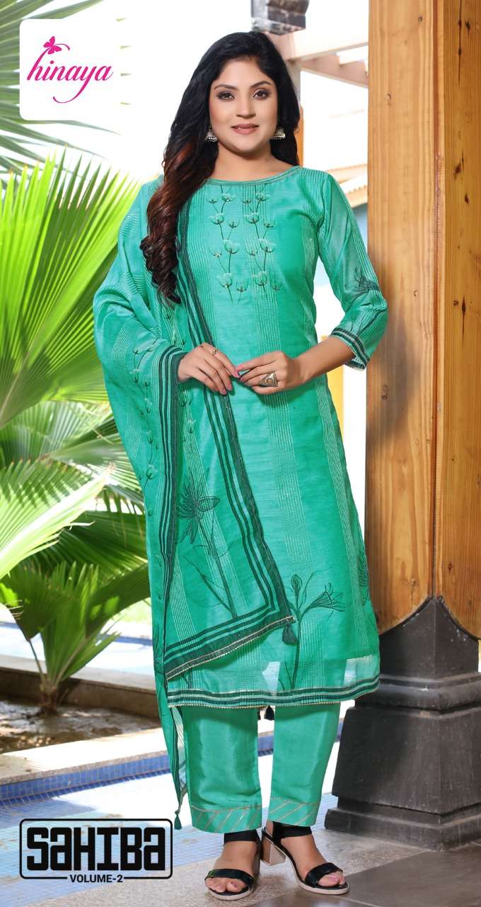 hinaya sahiba vol-2 designer chanderi silk kurrtis pant set and dupatta catalogue collection