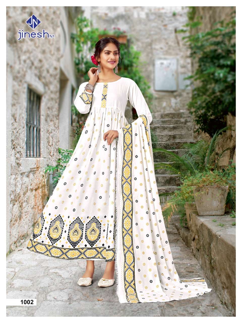 jinesh nx jannat 1001-1008 series designer long kurti with dupatta catalogue wholesaler surat 