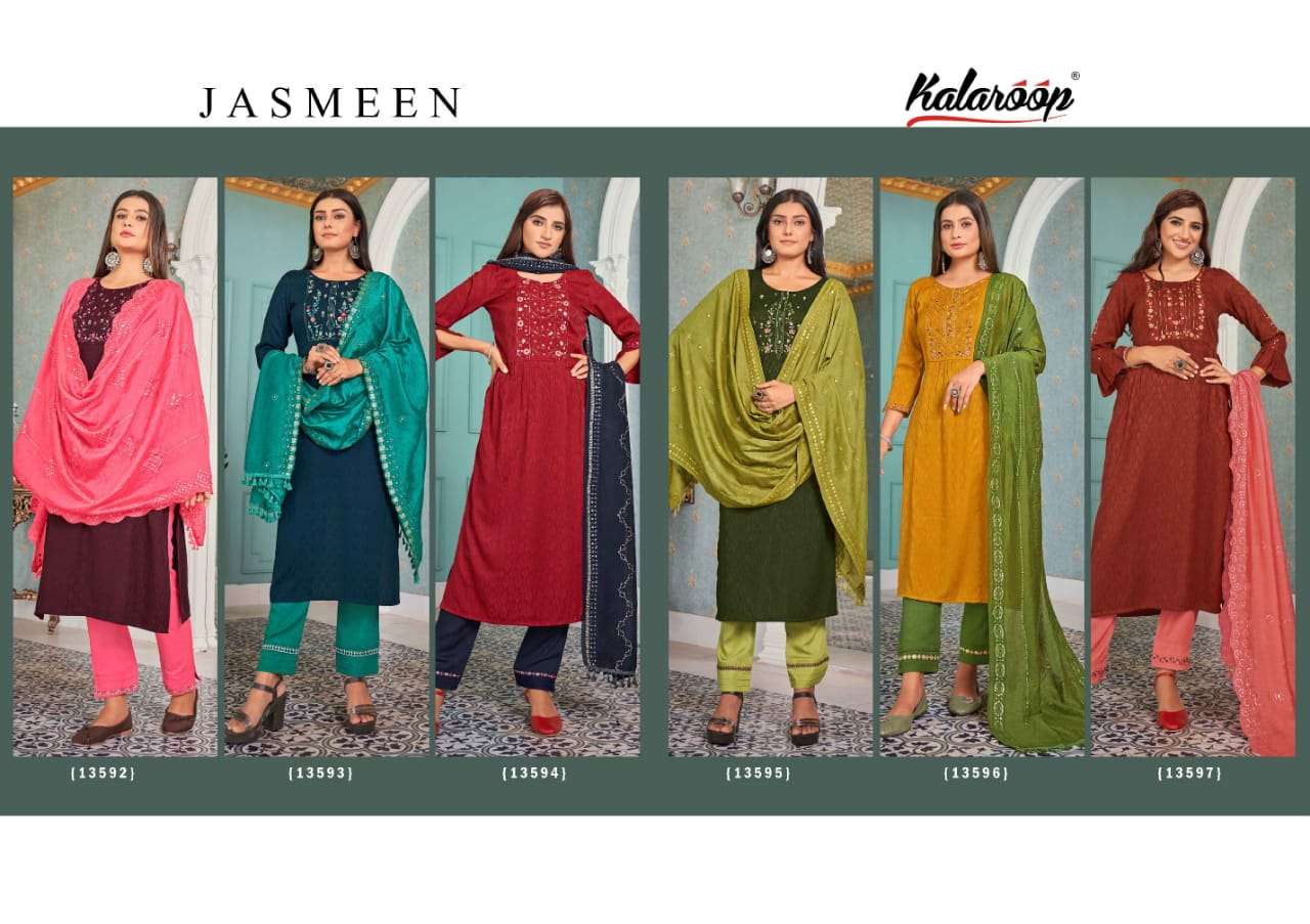 kalaroop jasmeen 13592-13597 series fancy rayon kurti and pant with dupatta catalogue online exporter surat 