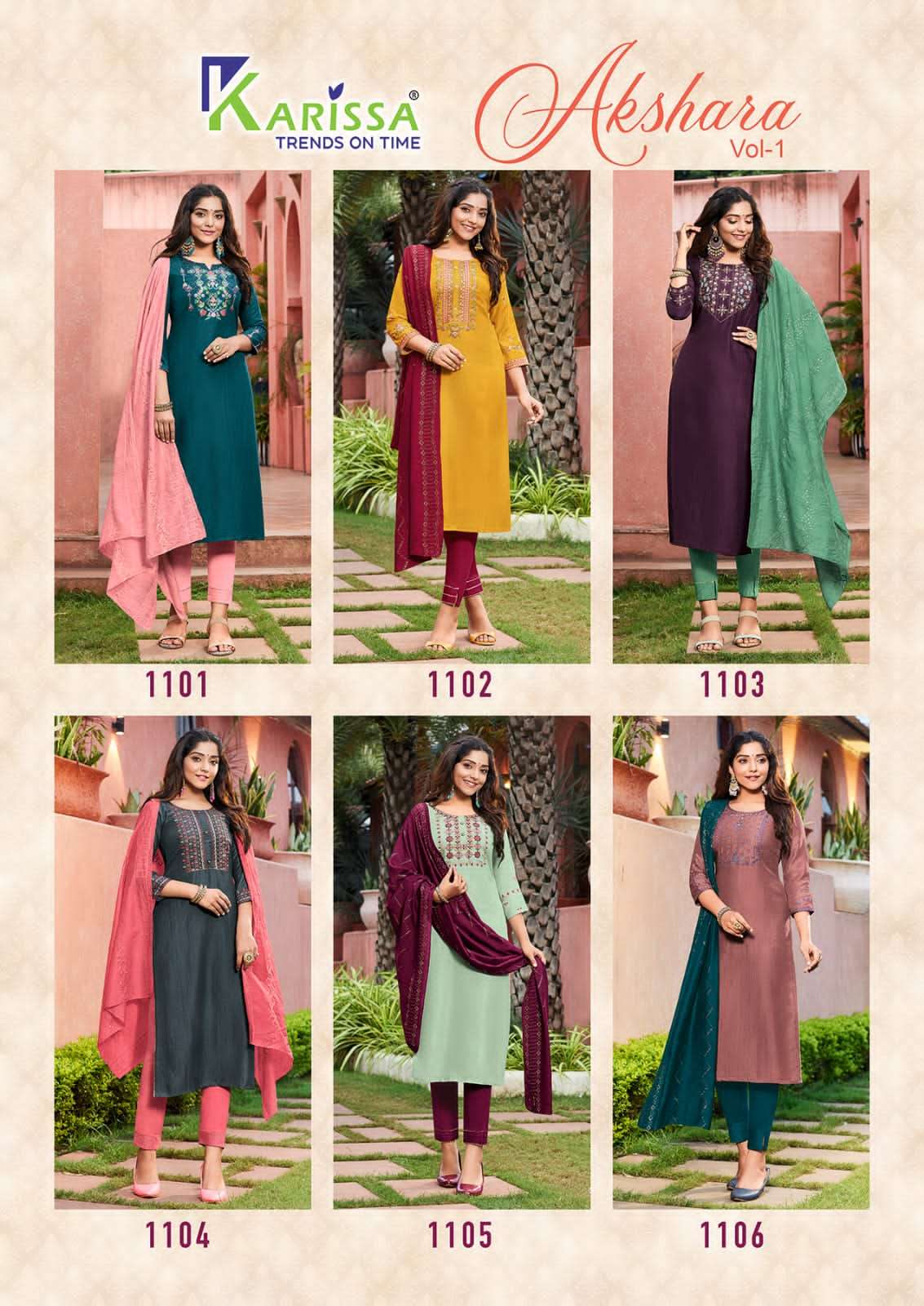 karissa trends akshara vol-1 1101-1106 series trendy designer kurti manufacturer surat 