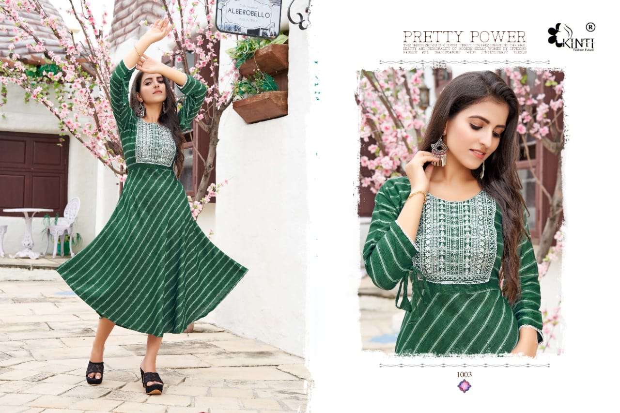 kinti fashion leheriya umbrella cut designer fancy kurtis new catalogue collection surat 