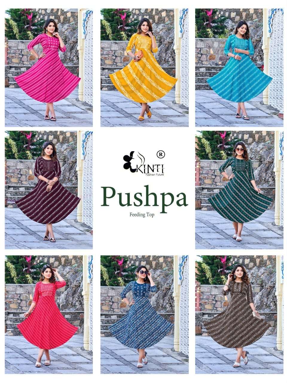 kinti fashion pushpa flare style designer fancy kurtis catalogue wholesaler surat 