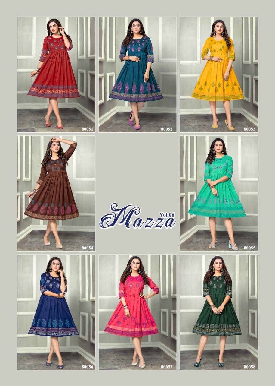 mayra mazza vol-6 80051-80058 series rayon designer flare style designer kurtis catalogue manufacturer surat 