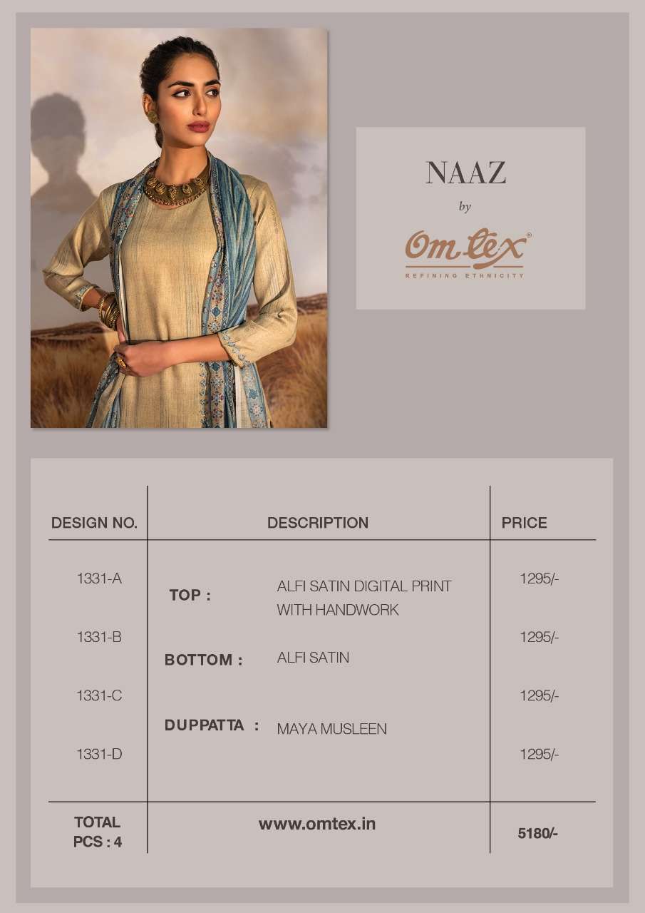 om tex naaz 1331 series digital print with handwork designer salwar suits catalogue manufacturer surat 