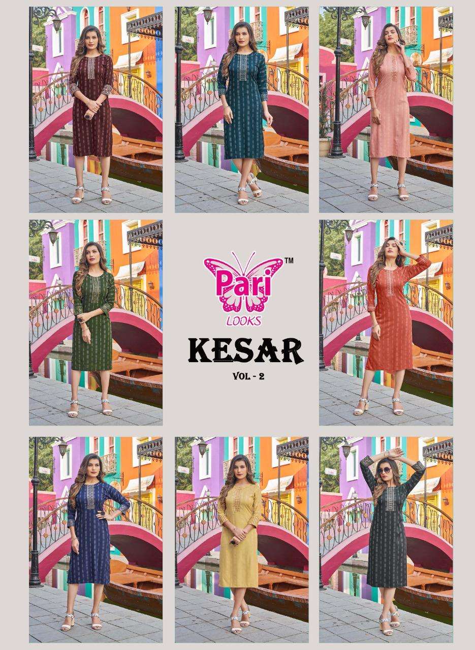 pari kesar vol-2 1001-1008 series rayon fancy designer kurtis catalogue manufacturer surat 