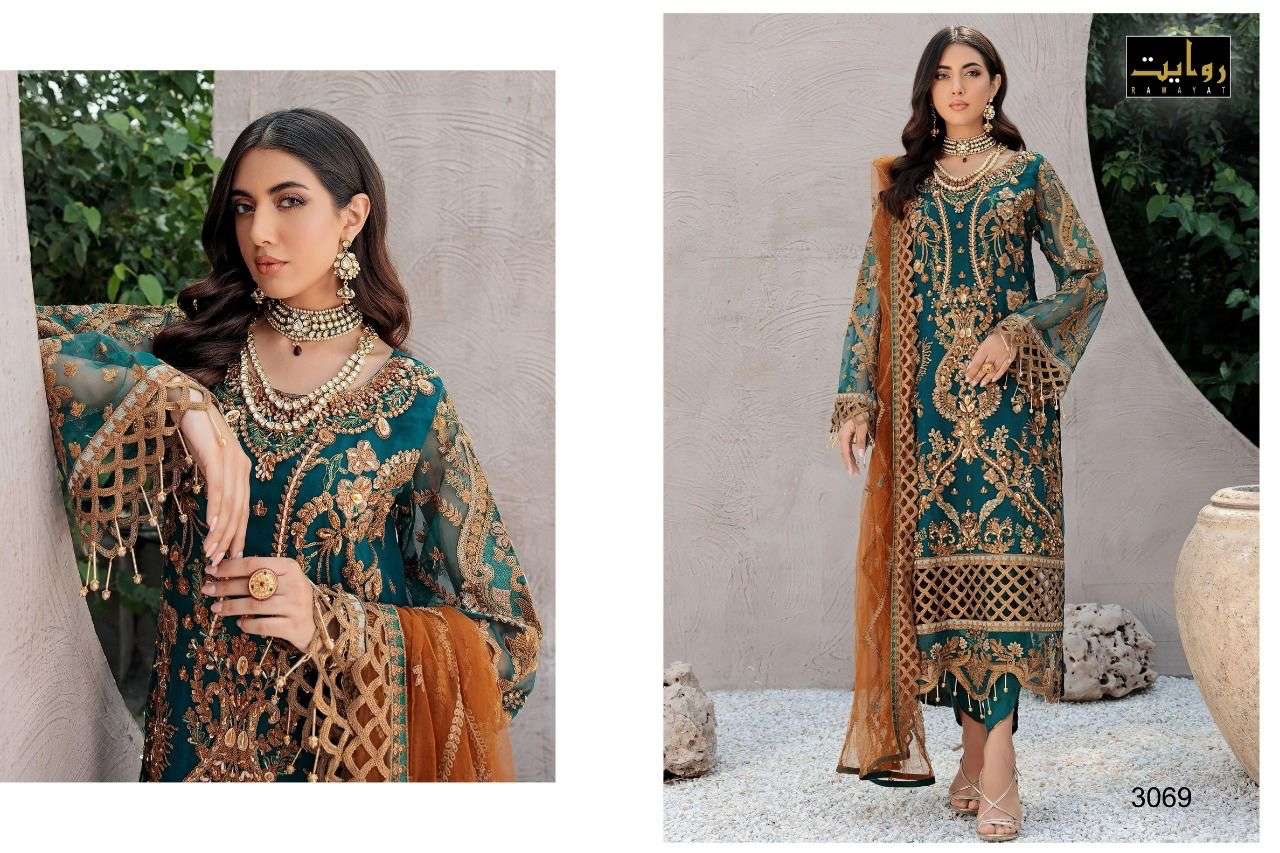 rawayat damask rouche 3069-3071 series stylish look designer pakistani suits collection 2022