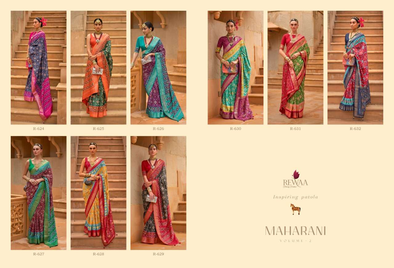 rewaa maharani vol-2 624-632 series smooth patola designer sarees exporter in surat