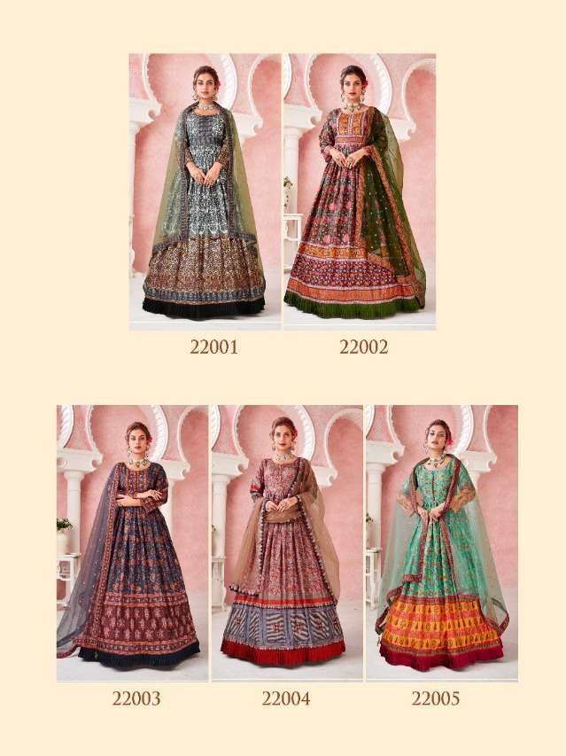 stylishta kimaya 22001-22005 series dola silk designer gown catalogue online dealer surat